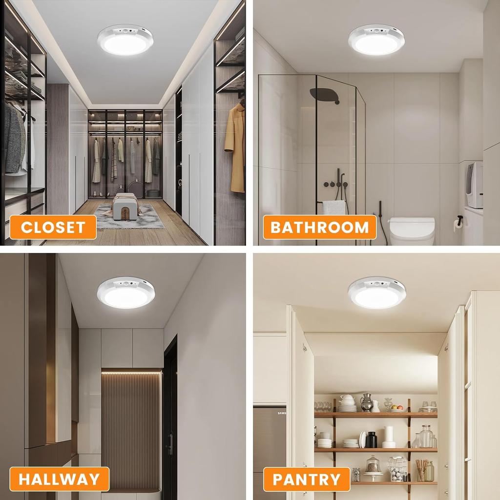6000mAh Motion Sensor Ceiling Light 360° Wireless Rechargeable LED Shower Lights for Pantry Stairs Garage Hallway Night Light