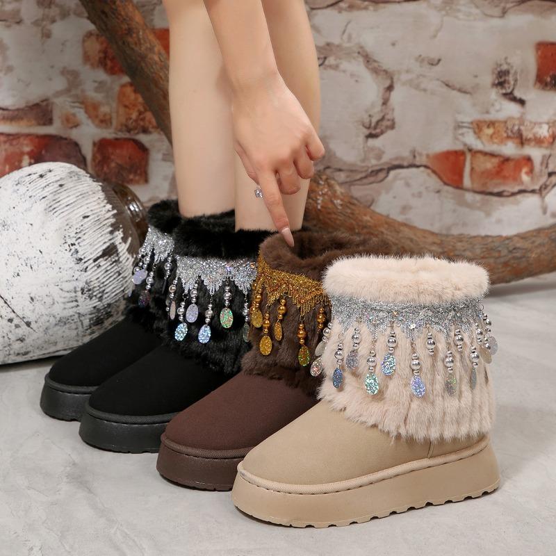 Foreign trade comfortable thick-soled short cotton shoes women's autumn and winter new tassel beaded velvet warm snow boots