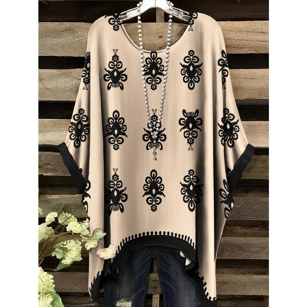 Sommar Dam Elegant Bohemisk Tvåfärgad T-shirt - Hjärta Blommigt Tryck med Fjäril Rund Hals Casual Blus Boho Älskare 2025