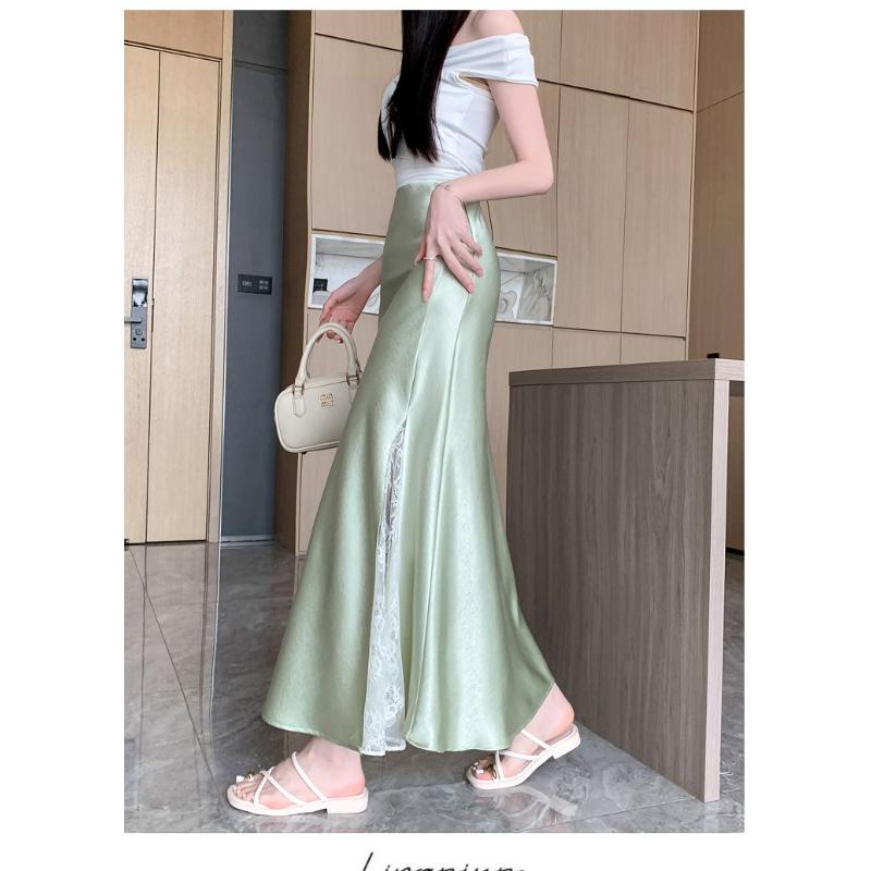 Lace Splicing Acetate Satin New Chinese Style Gentle Temperament Slimming Skirts
