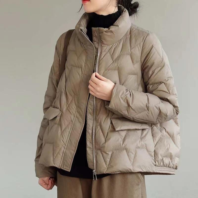Cappotto da donna in piumino d'anatra bianco, casual, con collo alto, tasche con cerniera, parka, giacca leggera e ampia