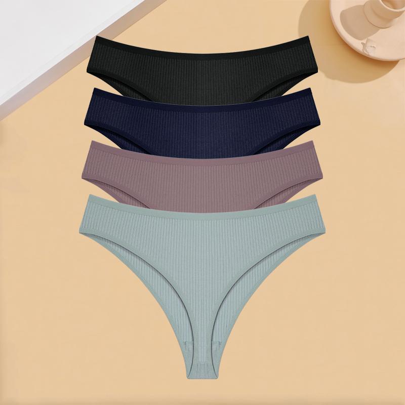 FINETOO 4Pcs Cotton Ribbed Underwear Women's Sexy Low-Waist Breathable Thongs Girls Sports Panties Stretchy T Back Soft Lingerie
