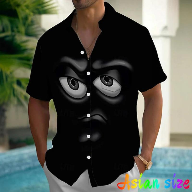 Camisas Hawaianas con Gráfico de Cara Sonriente Divertida Blusas de Manga Corta con Estampado 3D de Anime Blusa con Cuello para Fiesta de Vacaciones Verano