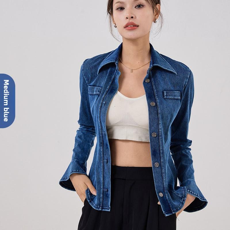 

Женская джинсовая рубашка с расклешенными рукавами для занятий йогой и фитнесом XL средний синий