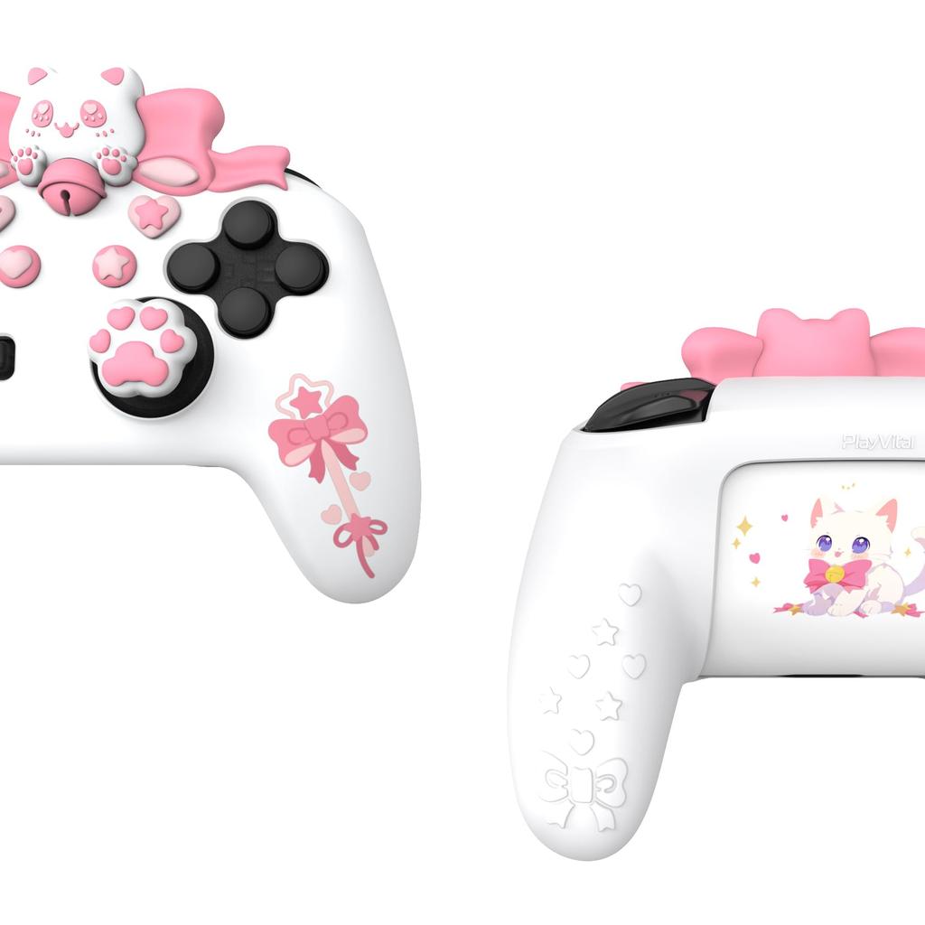 Custodia in silicone PlayVital Sweetheart Kitty per Switch Pro Controller. Simpatica impugnatura per joystick e custodia protettiva in silicone per Switch Pro Controller -