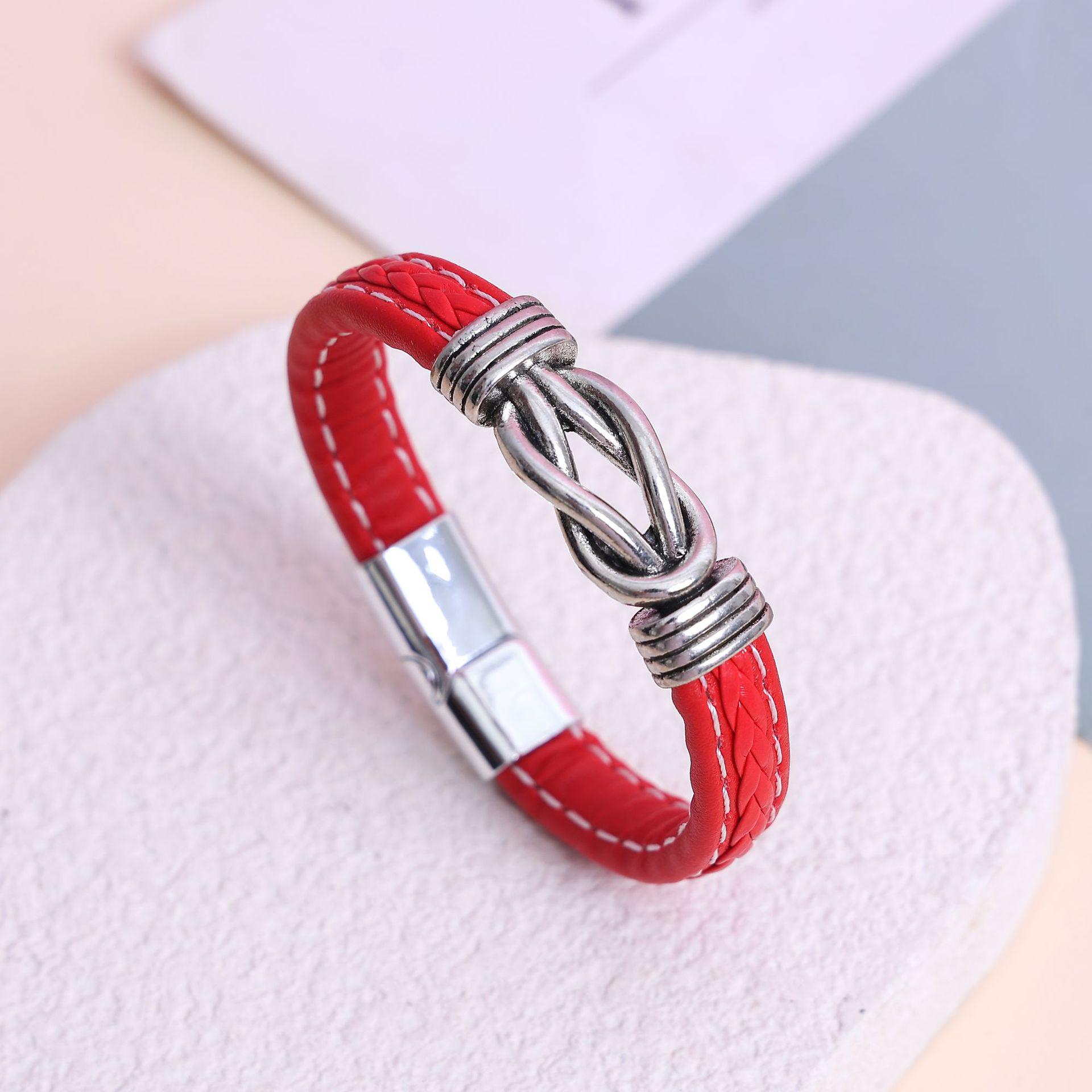 

Ретро сплав та шкіра чоловічий браслет - Європейський та американський стиль, плетений дизайн, титанова сталь тренд. червоний