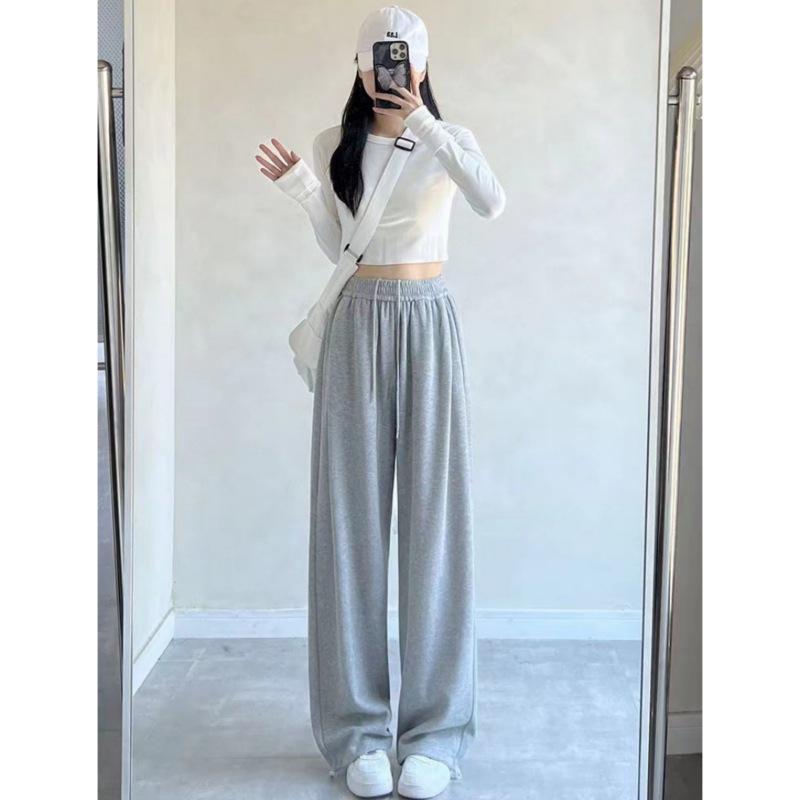 Women's American-Style Gray Sweatpants: Spring & Autumn Loose Fit, Slimming, Wide-Leg, Straight-Leg, Winter Fleece-Lined.