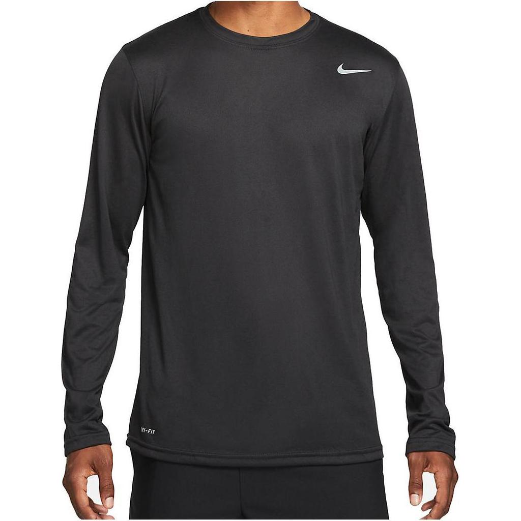 Nike Camiseta de Manga Larga y Cuello Redondo de Color Sólido con Logo para Hombre Tops Negro 727980-010