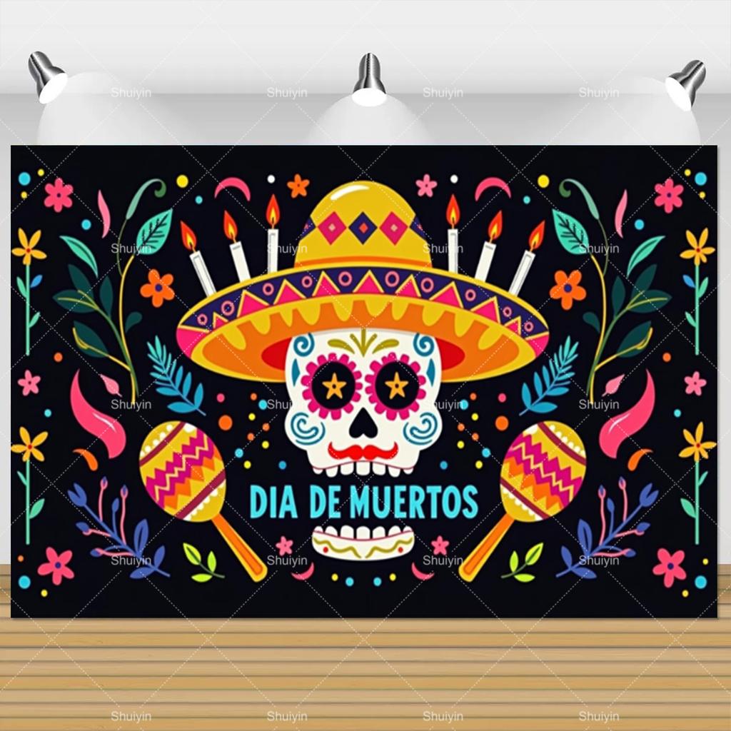 1pc Mexican Day of the Dead Background Skeletons Guitar Dia De Muertos Festive Decoration Party Supplies Fiesta Photo Shoot Prop