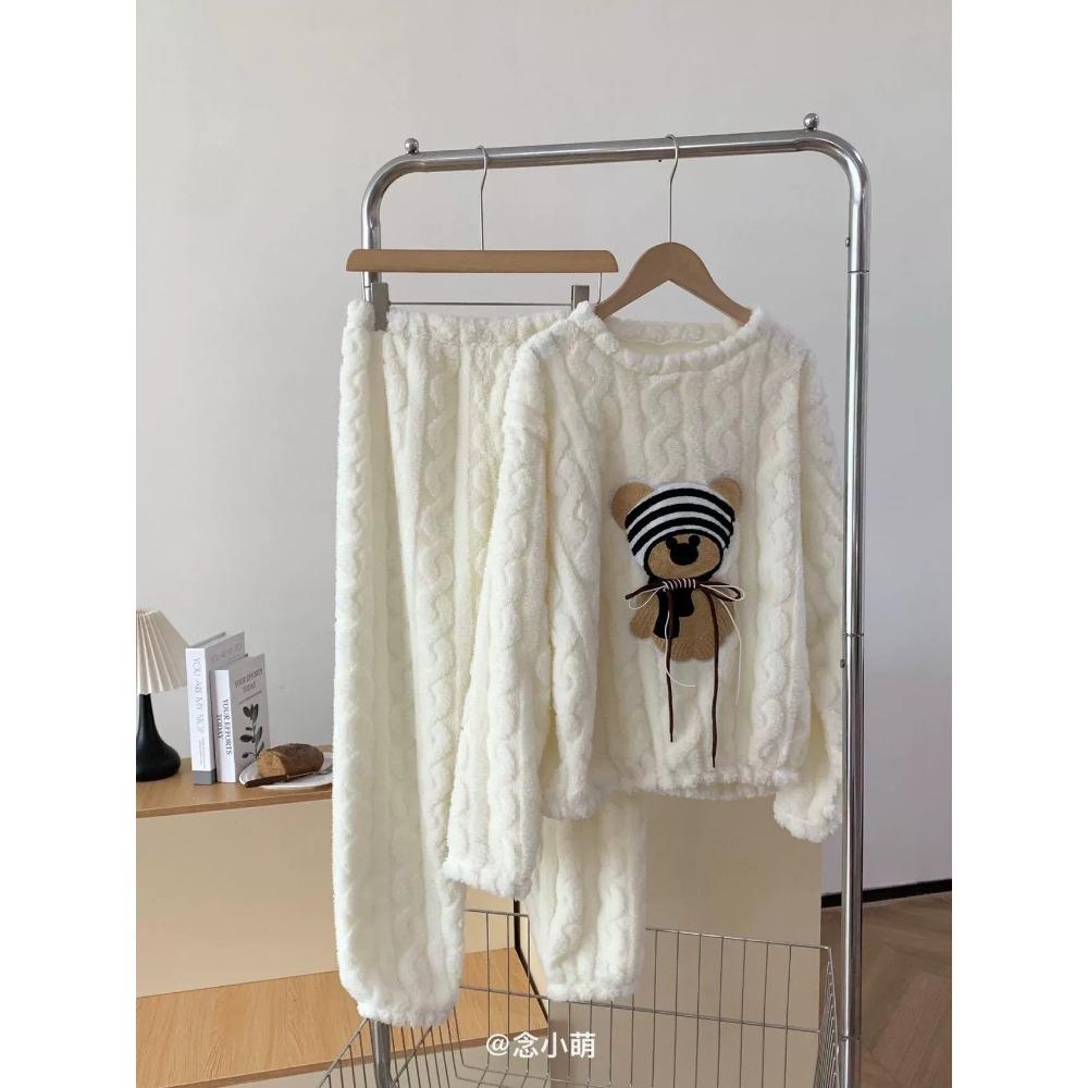 **Kadın Flanel Pijama Takımı Yuvarlak Yaka Jakarlı Uzun Peluş Kalın Sıcak Ev Giyimi**