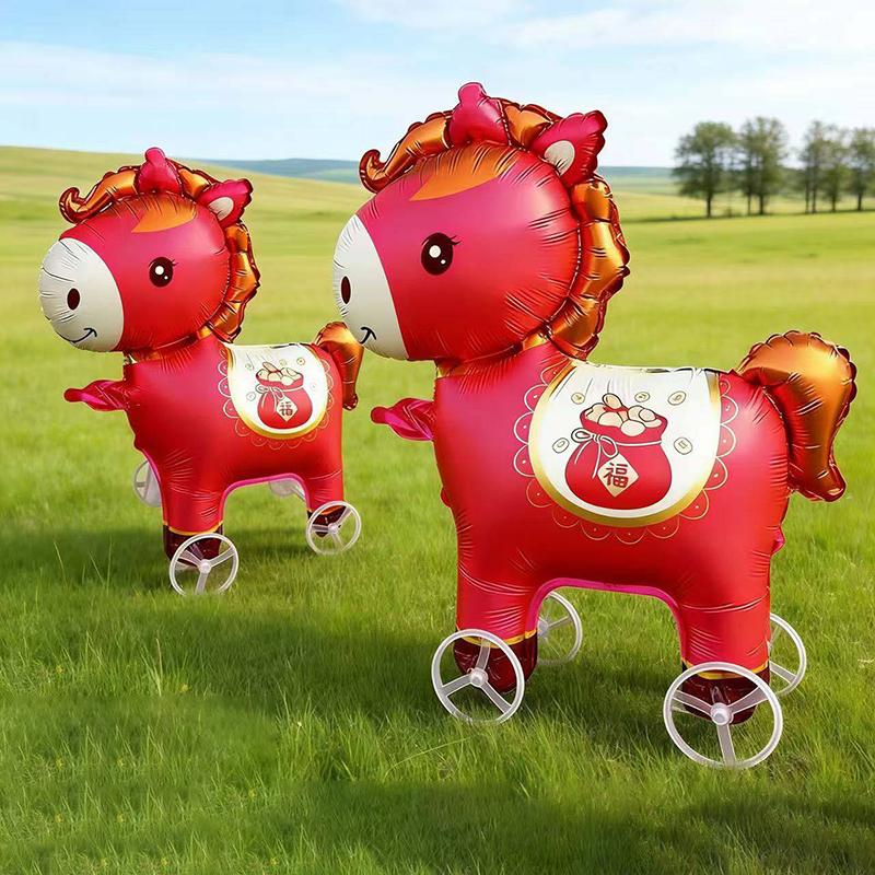 2026 Cartoon Animal Theme 3D Standing Cute Horse Aluminum Film Balloon With Wheels Children Birthday Party Photo Prop Decoration