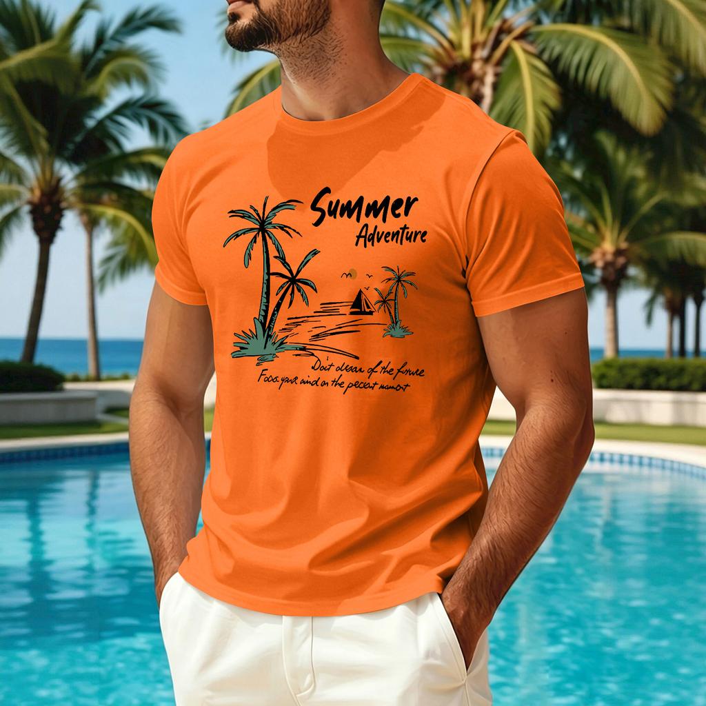 T-shirt décontracté d'été à manches courtes pour homme en tissu soie glacée séchage rapide respirant léger col rond imprimé pour activités de plein air