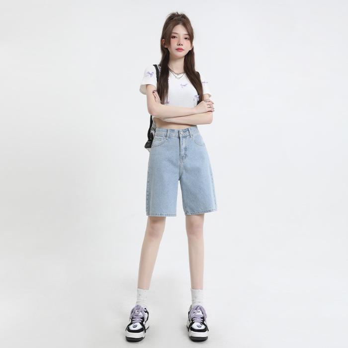 Retro Blue Denim Shorts Women's Summer Thin Five-point Pants Straight Loose High Waist All-match Pants
