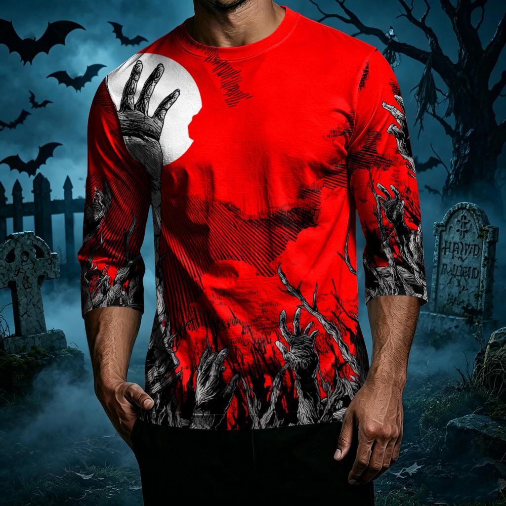 Men Casual Halloween Print Crew Neck T Shirt Three Quarter Sleeve Top Lightweight Comfortable Fit