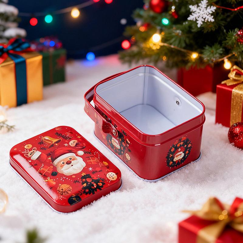 1 Pcs Christmas Gift Box With Handle Tinplate Candy Cookie Packaging Box Containers Kids  Year Gift Decor Xmas Party Supplies