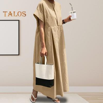 Summer Maxi Dress Loose Pleated O Neck Short Sleeves Pure Color Plus Size OL Commute Daily Wear Women Maxi Dress