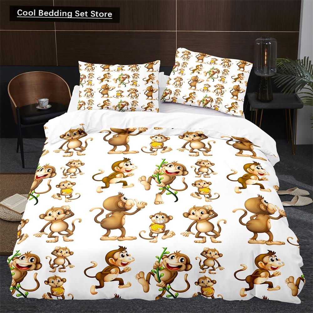 Affe Bettbezug King Queen Lieblich Cartoon Tier Bettwäsche Set für Kinder Junge Mädchen Grün Dschungel Baum 2/3tlg. Polyester Steppdeckenbezug