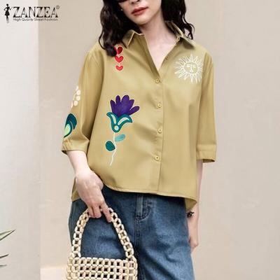 Women Casual Turn Down Collar Loose Half Sleeve Print Blouse