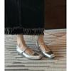 French silver pig nose inner height increase flat-soled single shoes women's shallow mouth square head one-word buckle strap middle heel Mary Jane
