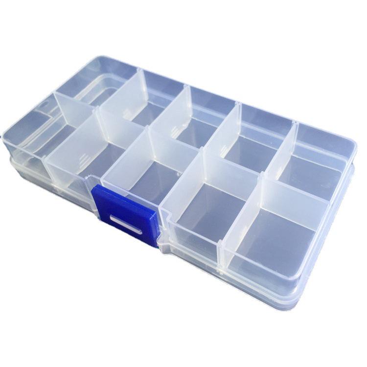 Compact 10-Compartment Clear Plastic Box with Removable, Sortable Dividers for Component Storage