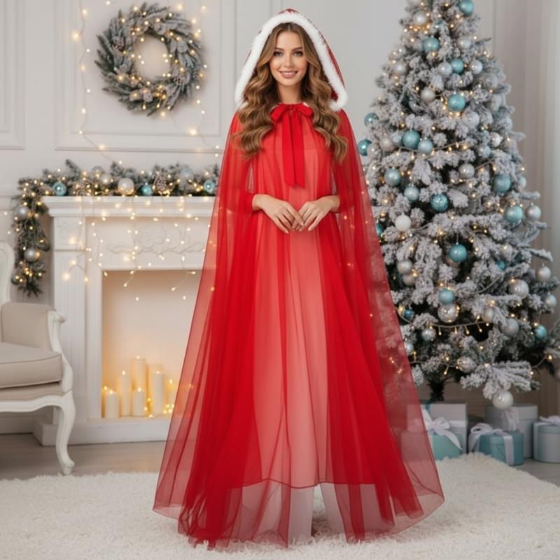 Mesh Hooded Cloak Robe Mrs Santa Clauses Costume Cape Halloween Christmas Costumes for Women Girls Wizard Robe Gifts