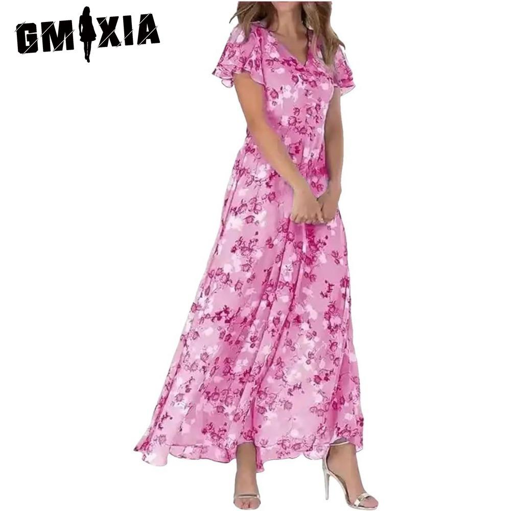 GMXIA 6 Color V-neck Ruffle Maxi Dress Short Sleeves Fitted Waist High Waist Flowy Hem Cute Floral Chiffon Dress Women Clothing
