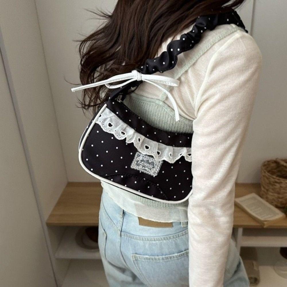 Lace Polka Dot Shoulder Bag Drawstring French Stick Handbag Cute Pleated Underarm Bag  Daily