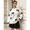 Womens Loose Fit Long Sleeve Knit Sweater With Bow Jacquard Round Neck Winter Casual Top