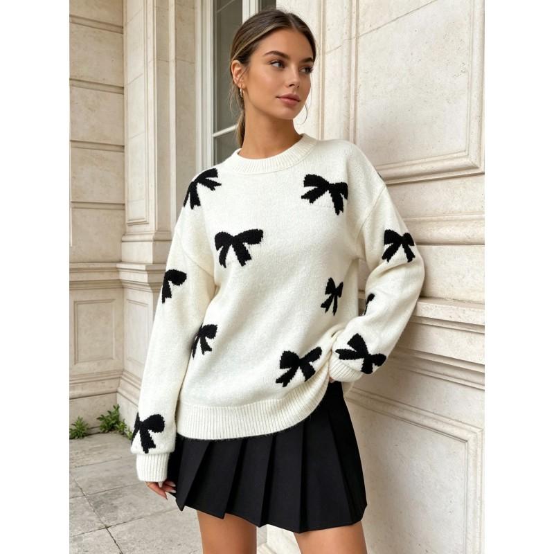 Womens Loose Fit Long Sleeve Knit Sweater With Bow Jacquard Round Neck Winter Casual Top