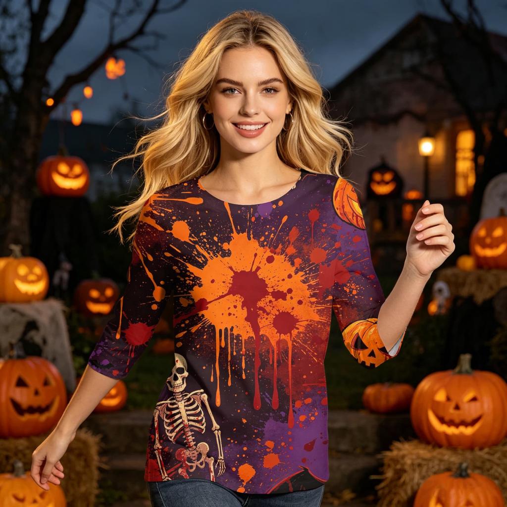 Halloween Shirt for Women 3/4 Sleeve Tunic Top Funny Splatter Pattern Casual Loose Holiday Graphic Blouse