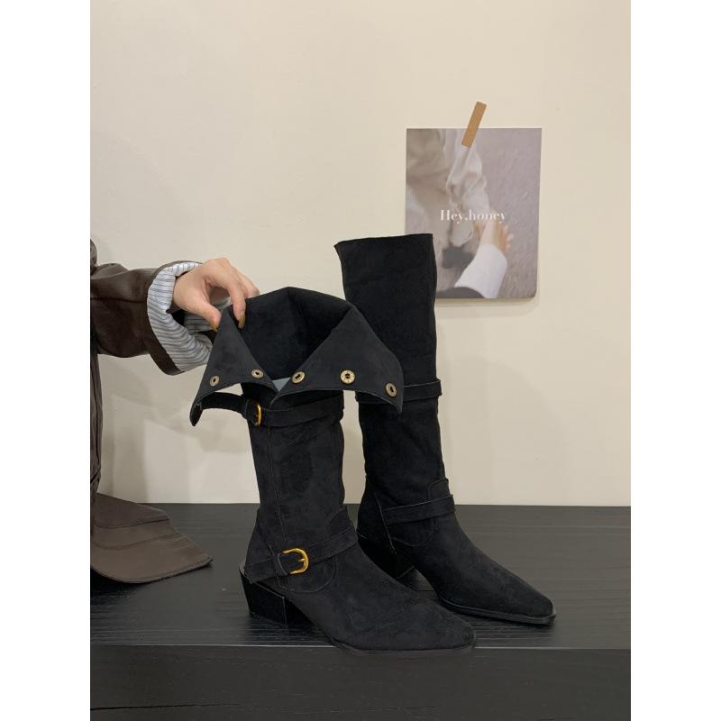 2025 Autumn and Winter New Suede Western Button Stacking Boots Women's Square Head Thick Heel Heel Knight Boots