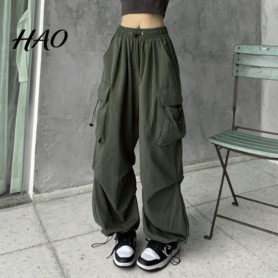 Women Cargo Pants Hip Hop Baggy Solid Color Multi Pockets Lady Trousers Elastic Waist Match Top Loose Breathable Clothes