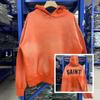 BeatStreet Heavy Fabric Cotton Vintage Washed Orange Damaged Hole Hoodie Men Women Unisex Classic Letters Logo Print Pullovers