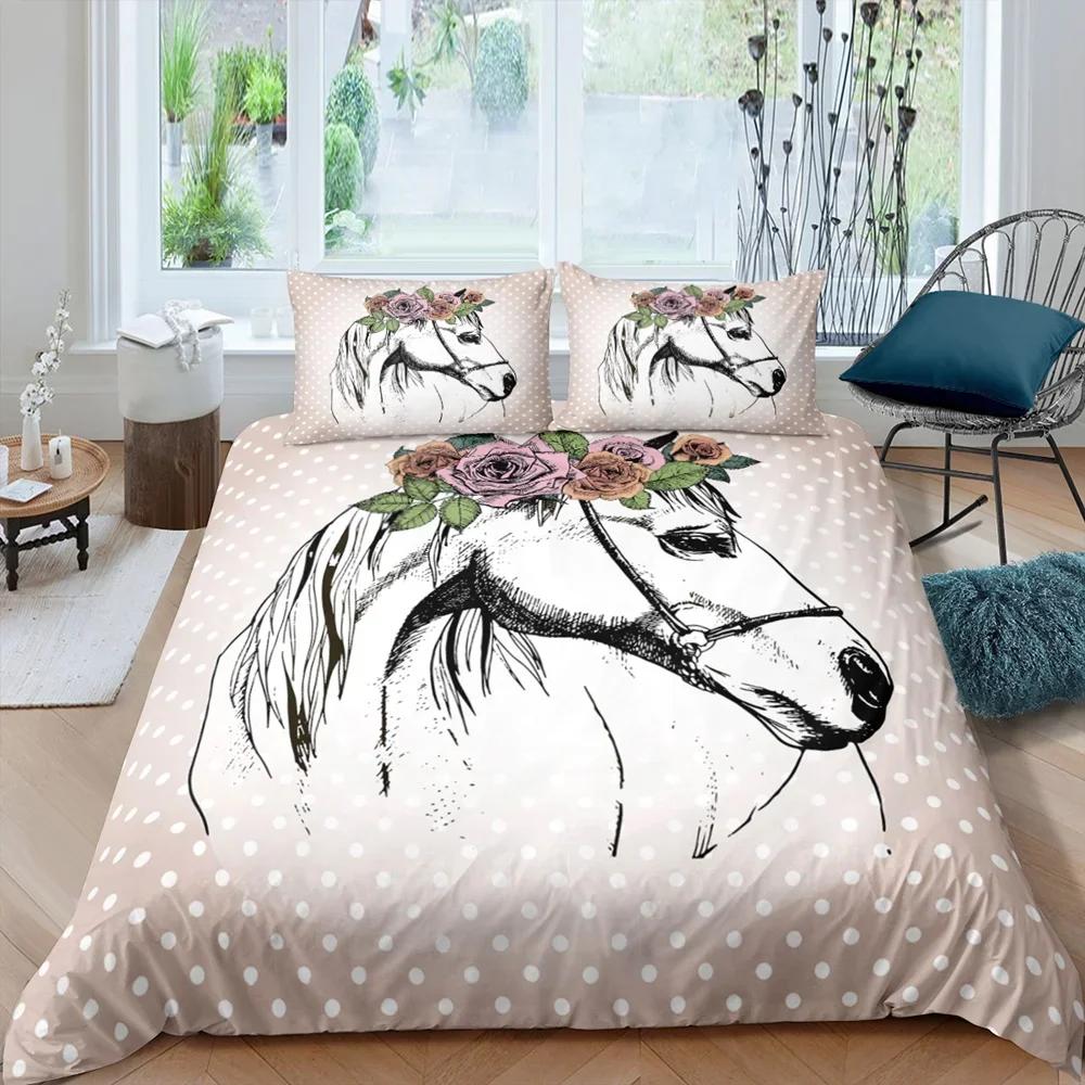 3D Κάλυμμα Πάπλωμα Αλόγου King Queen Size Κίτρινο Ηλιοτρόπιο Σετ Κλινοσκεπασμάτων Φλοράλ Θέμα Ζώων Κάλυμμα Πάπλωμα Άγρια Ζωή Μαλακό Κάλυμμα Παπλώματος