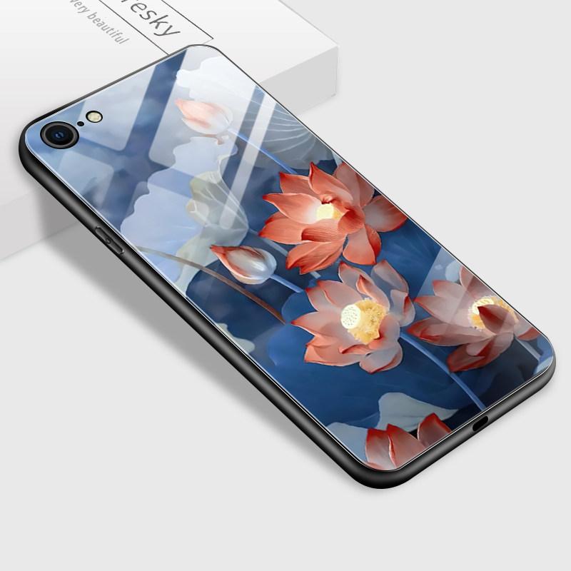 Tempered Glass Phone Case for iPhone Samsung Galaxy Infinix TPU Soft Edge Fashion Lotus Flower Patterns Shockproof Cover