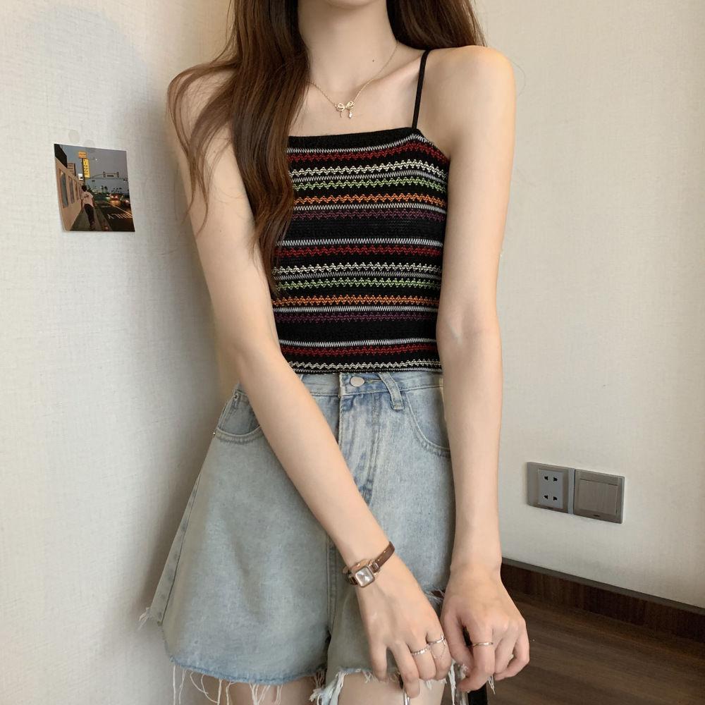 Women's Striped Knitted Camisole Vest Summer French Style Stylish Slim Fit Slimming Bottom Shirt Sleeveless Top