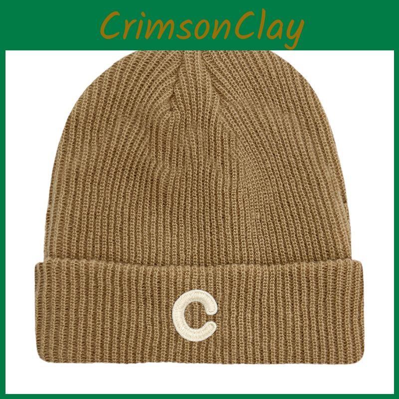 C Pattern Mens Knitted Hat Plain Solidcolor Windproof Cold Outdoor Winter Autumn