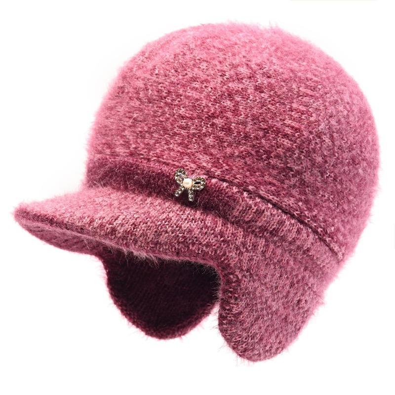 Winter Hat Female Old Lady Knitted Wool Hat Piled Thickened Warm and Cold Ear Hat