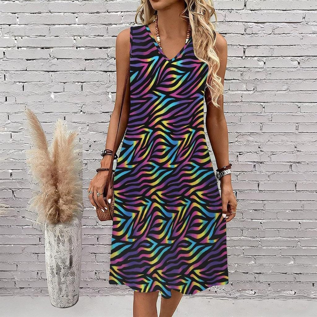 Plus Size V Neck Sleeveless Dress Abstract Bamboo Ink Print For Traditional Garden Visit