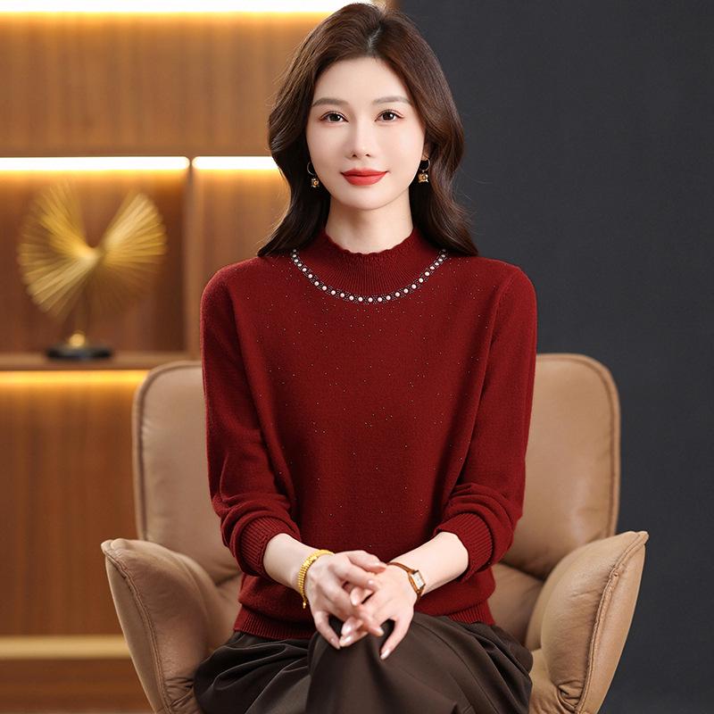 Women's 100% Wool Rhinestone Semi-High Neck Sweater – Fashionable Knitted Base Shirt for Autumn and Winter, Ideal for Middle-Aged and Elderly Mothers