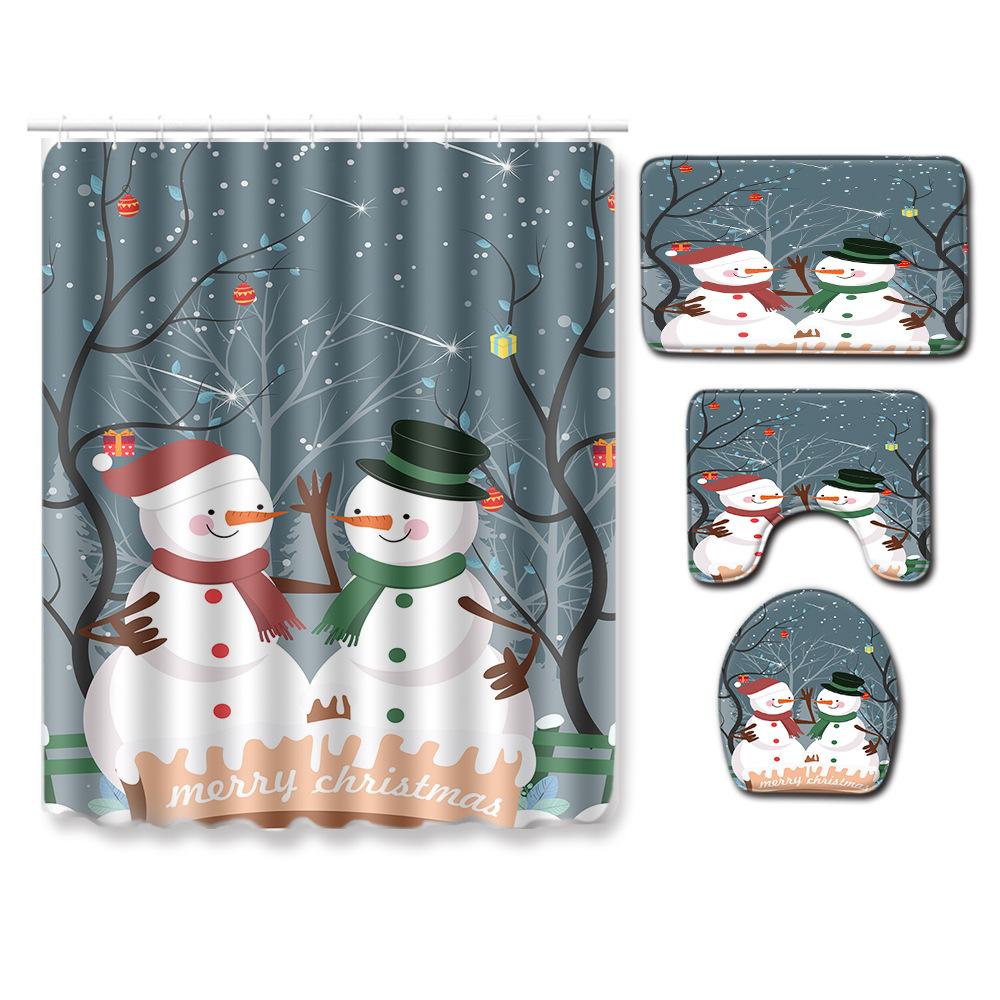 Christmas Shower Curtain Floor Mat Combination Four-Piece Set Bathroom Toilet Carpet Shower Room Mat Foot Mat