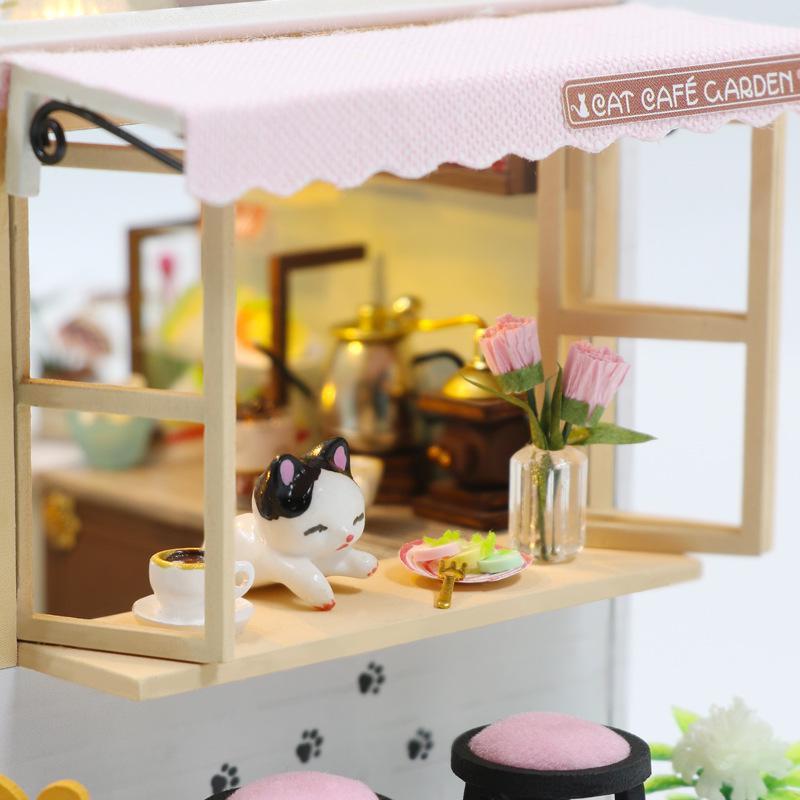 Lovely Cats Home Cat Cafe Store Dollhouse Wooden Diy Handmade Toys Hut 3D Assembled Puzzle Cat Cafe Small Garden Birthday Gifts for Children
