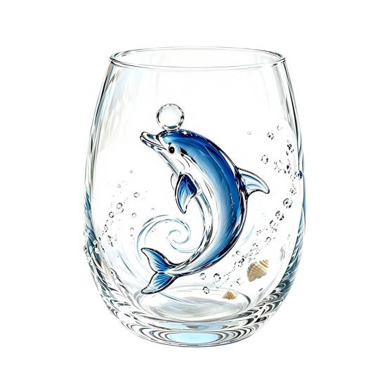 Clear Glass Cups for Party Stemless Wine Glasses with Marine Animal Pattern, 420ml Capacity, High Borosilicate Creative Gift Friends Cup, Round