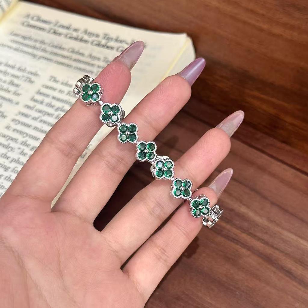 New Full Diamond Four-leaf Clover Bracelet High Luxury Old Money Style Retro Colored Flower Bracelet