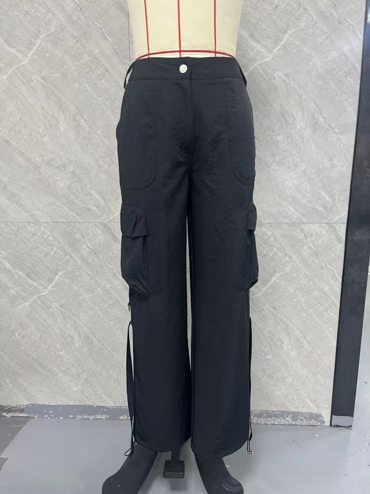 Black Cuffed Slim-Fit Quick-Dry Workwear Pants Straight-Leg Short-Sleeve Sporty Women's Lightweight Loose Summer Casual Pants