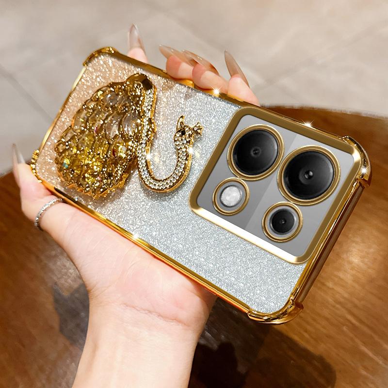 KEYSION Shockproof Plating Phone Case for Redmi Note 13 Pro 4G 13 5G Glitter Jewelled Swan Kickstand Cover for POCO X6 Pro M6 Pro