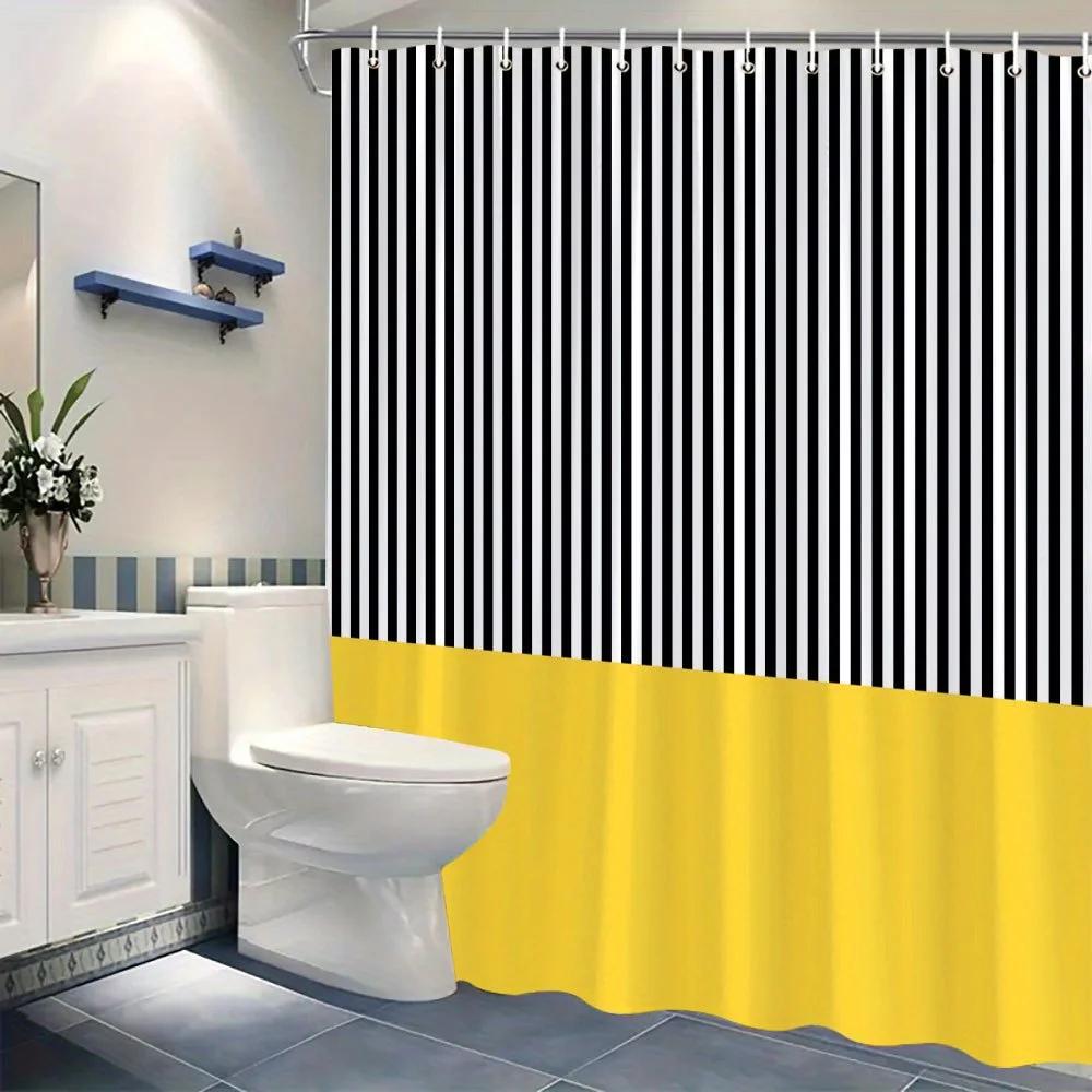 One Piece Of A Shower Curtain Featuring Black And White Stripes With A Yellow Accent, Showcasing A Bold Minimalist Vertical Patt