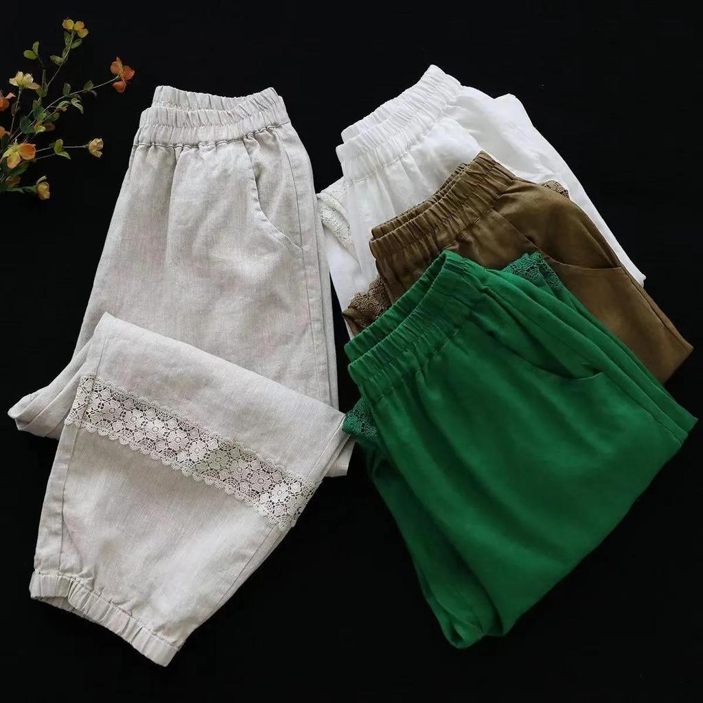 Women's Summer Retro Lace Splicing Nine-minute Pants Design Casual Lantern Pants