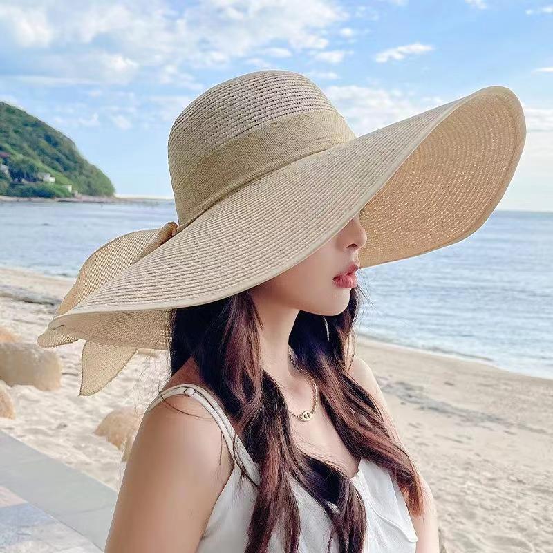 Women's Large Brim UV Protection Foldable Straw Hat with Bow for Spring/Summer