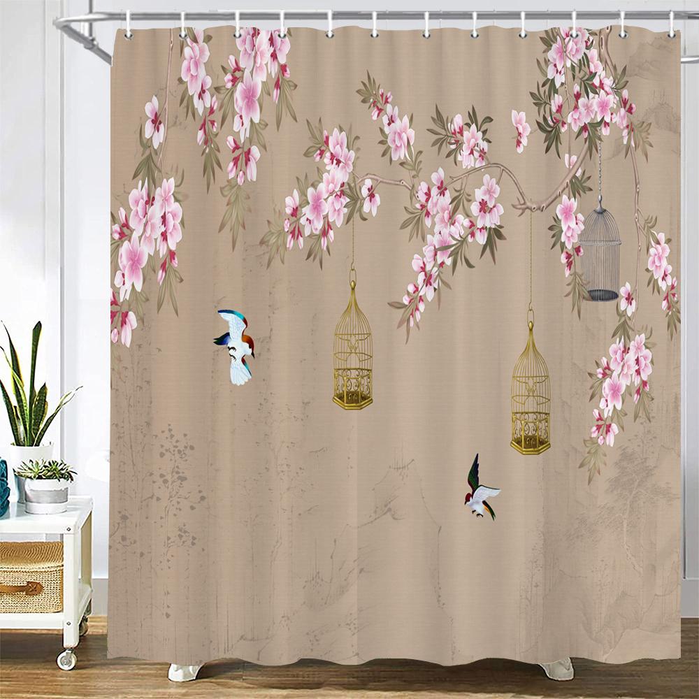 Chinese Style Flower and Birds Tree Shower Curtains Bath Curtain Waterproof Bathroom Decor With Hooks 3d Printing Bath Curtain